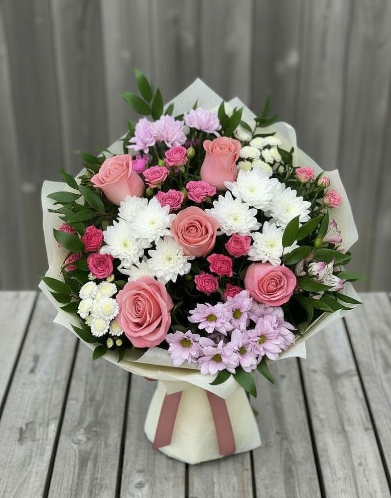 Букет цветов из: Альстромерии, Гвоздики, Розы и Хризантемы в Полевском Свердловская область