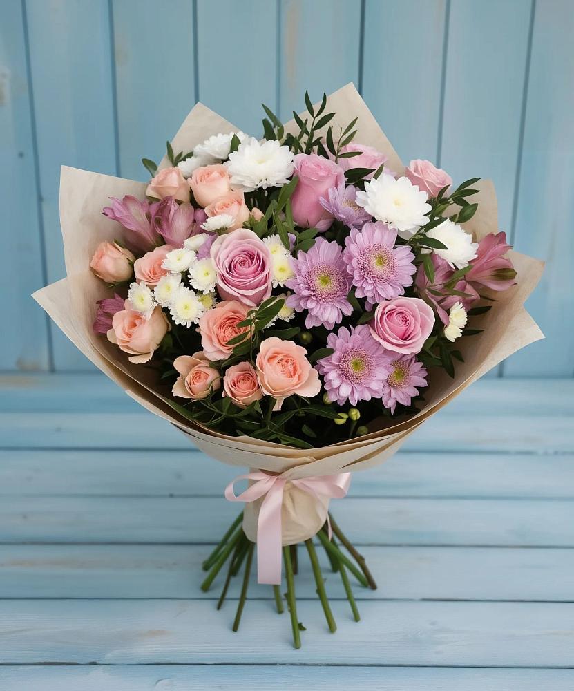 Букет цветов из: Хризантемы, Розы и Альстромерии в Полевском Свердловская область
