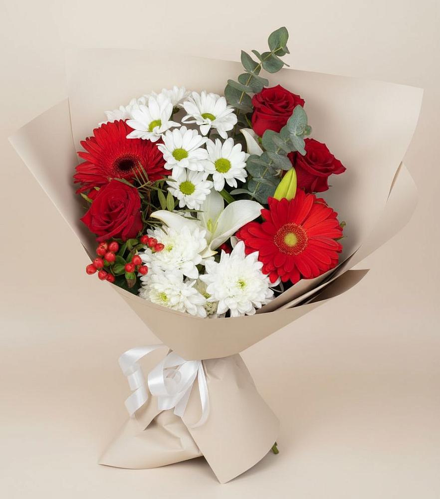 Букет цветов из: Розы, Хризантемы, Герберы и Лилии в Полевском Свердловская область